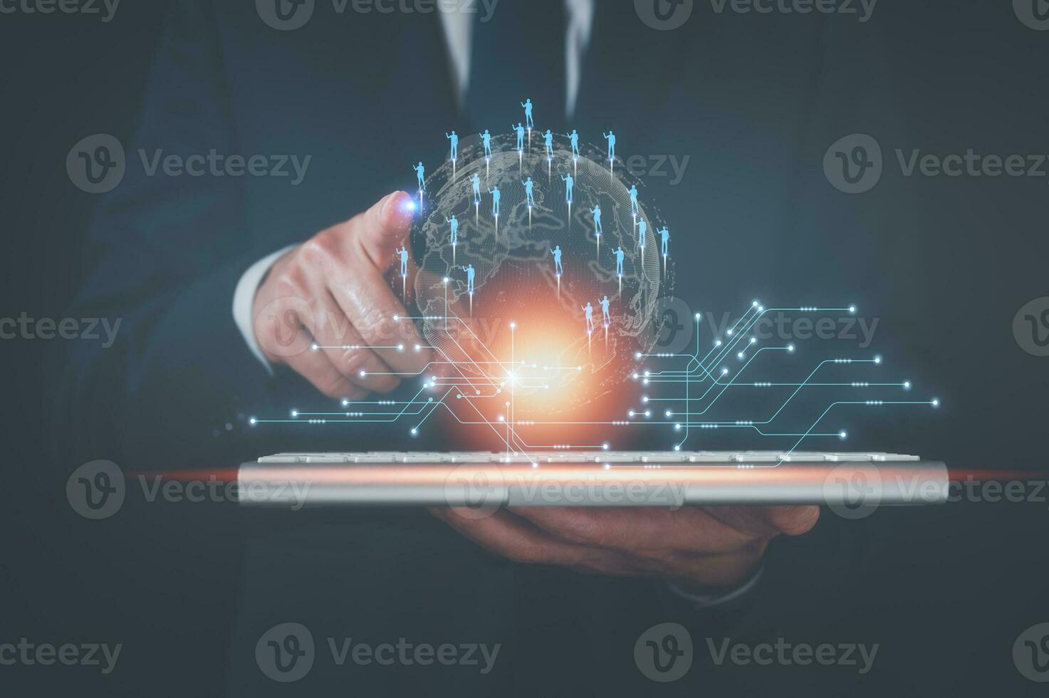 customer service, social media. digital marketing CRM concept Customer Relationship Management, Businessman touch icon with global structure customer network technology, Data exchanges development photo