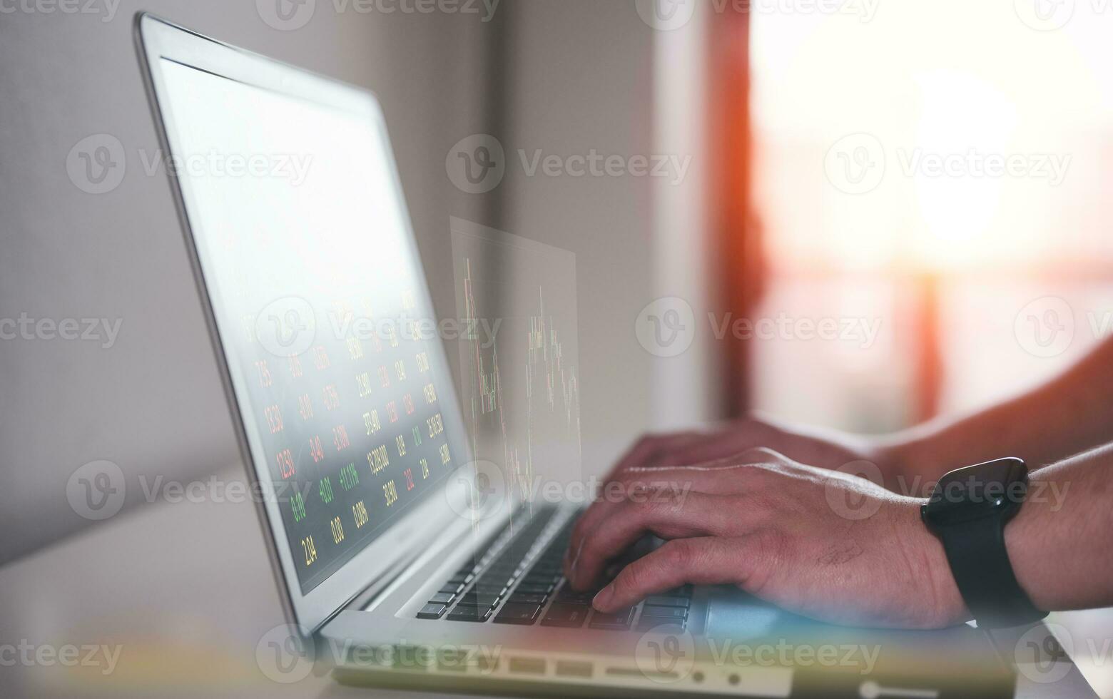 businessman typing on keyboard with virtual document data chart in Document data system Report HR technology Concept, data analysis, research and development, stock market financial investment plan photo