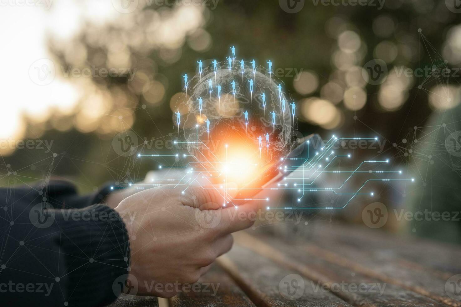 customer service, social media. digital marketing CRM concept Customer Relationship Management, woman using smartphone and icon of structure customer network technology, Data exchange development photo