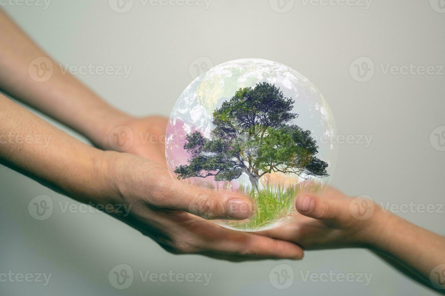 earth day concept senior hands giving small planet earth with tree to a child over defocused green background with copy space, elements of the image furnished by nasa photo