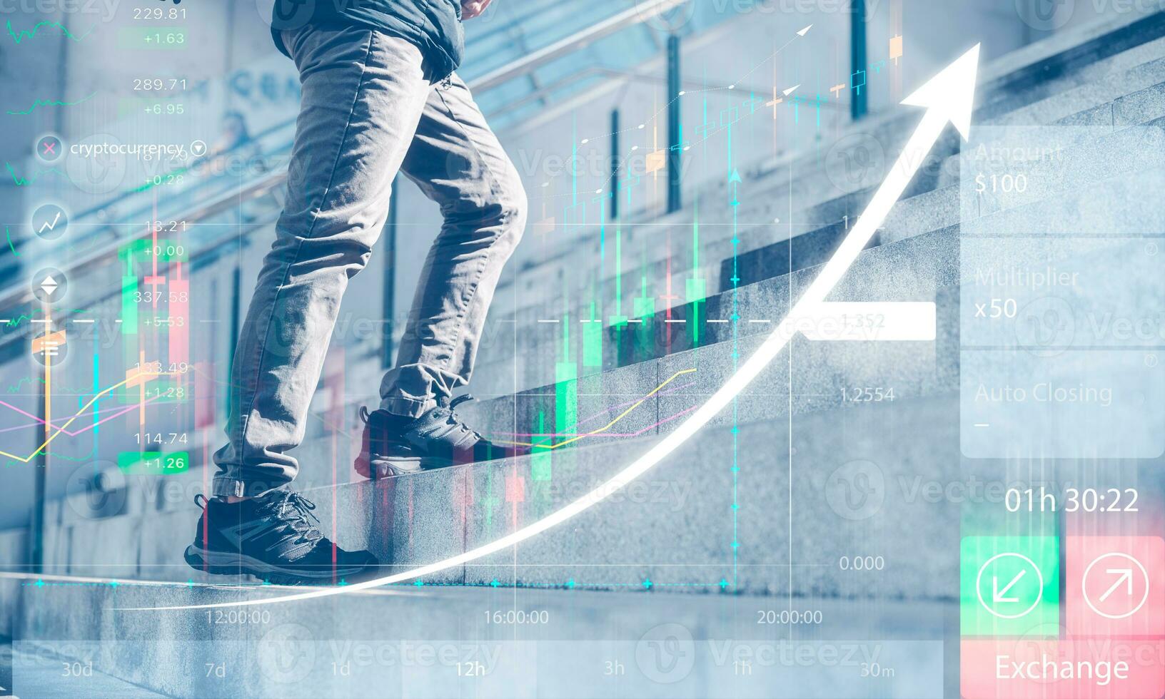 investment stock market trading concept, Motivation and challenging Concept. Steps Forward into a Success. Low Section of man Walking Up on Staircase, financial and business growth strategy photo