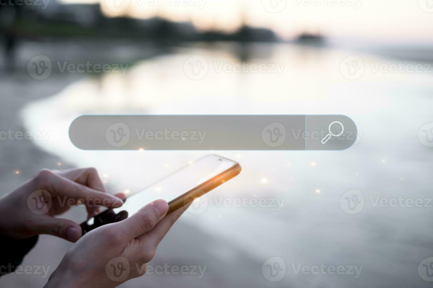 Searching Engine Browsing Internet Data Information Networking Concept, woman clicking internet search page on smartphone, copy space, man using smartphone surfing on internet information map guide photo