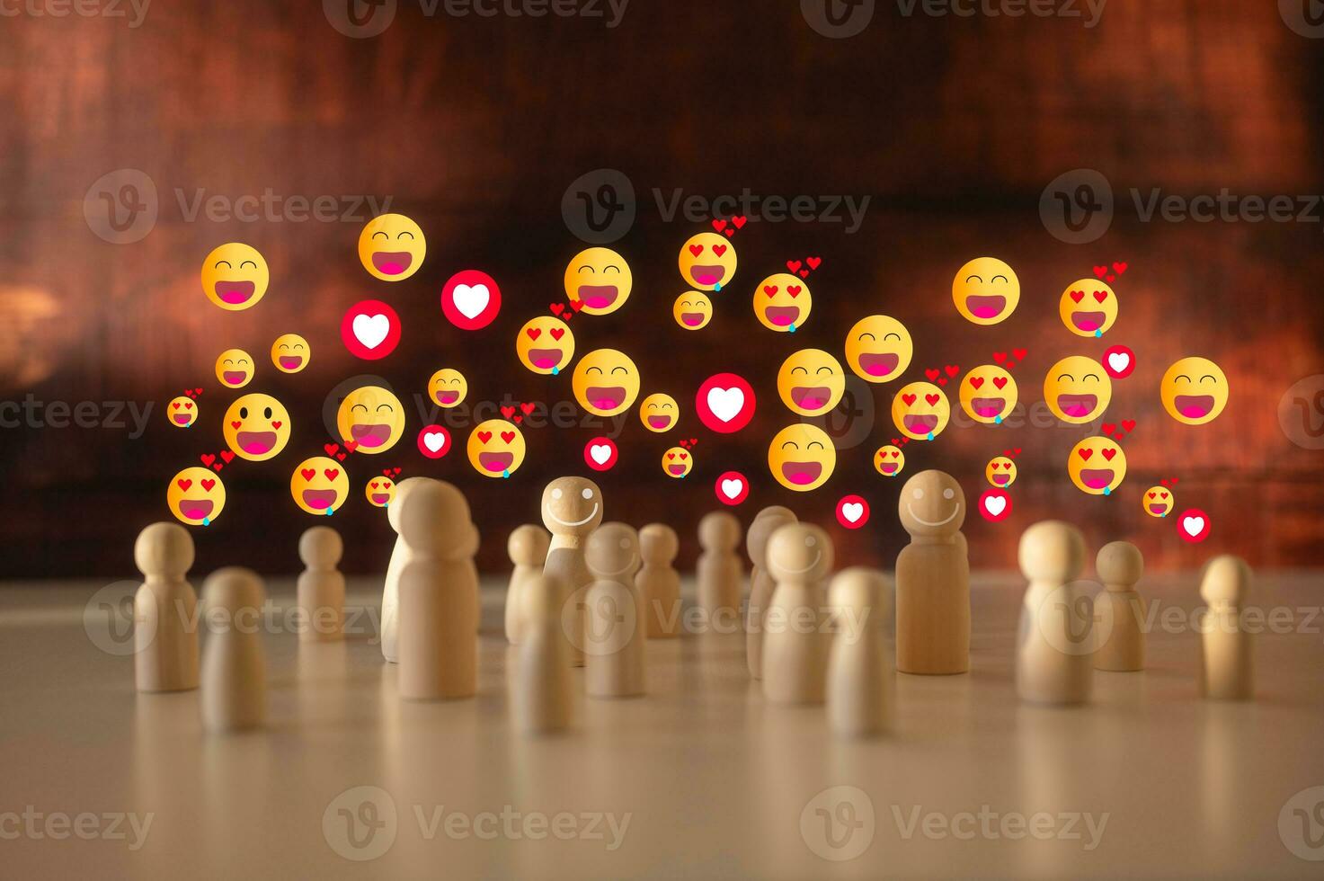 social society happyness concept, crowd of wooden people stand together with icons laugh happy and love photo