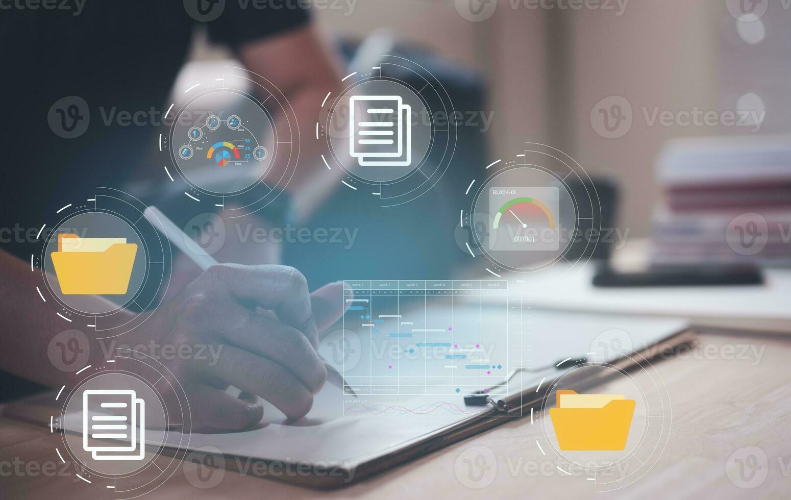 Businessman writing on notebook in office  on table with virtual document data charts. Concept of finance planing and analyzes business and growth. working from home concept. photo
