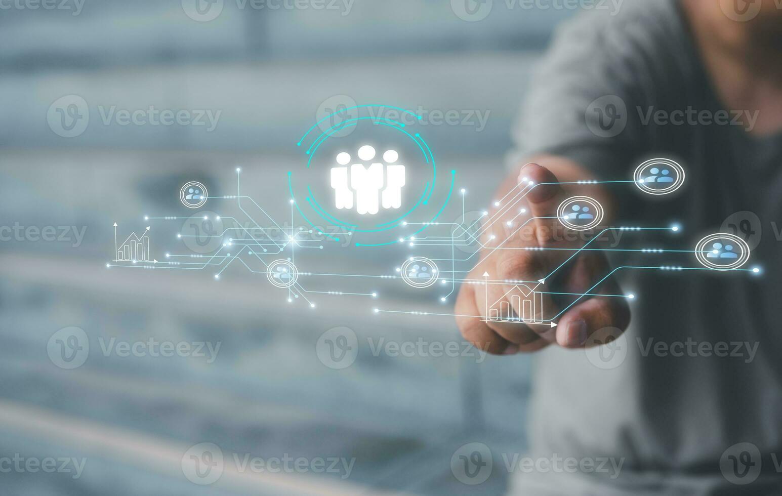 customer service, social media. digital marketing CRM concept Customer Relationship Management, Businessman touch icon with global structure customer network technology, Data exchanges development photo