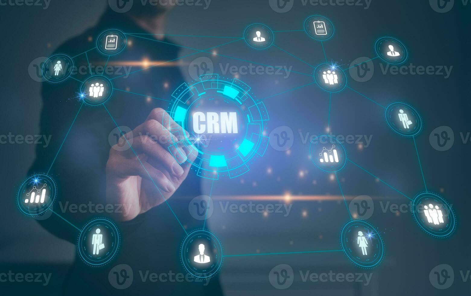 customer service, social media. digital marketing CRM concept Customer Relationship Management, Businessman touch icon with global structure customer network technology, Data exchanges development photo