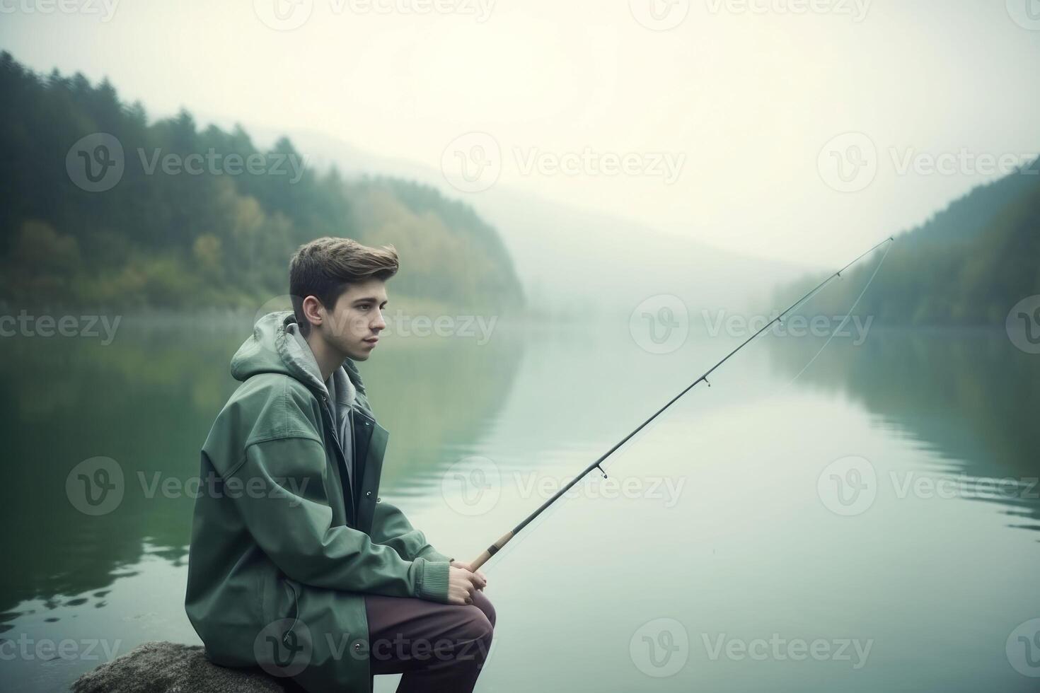 Lake fishing man. Generate Ai photo