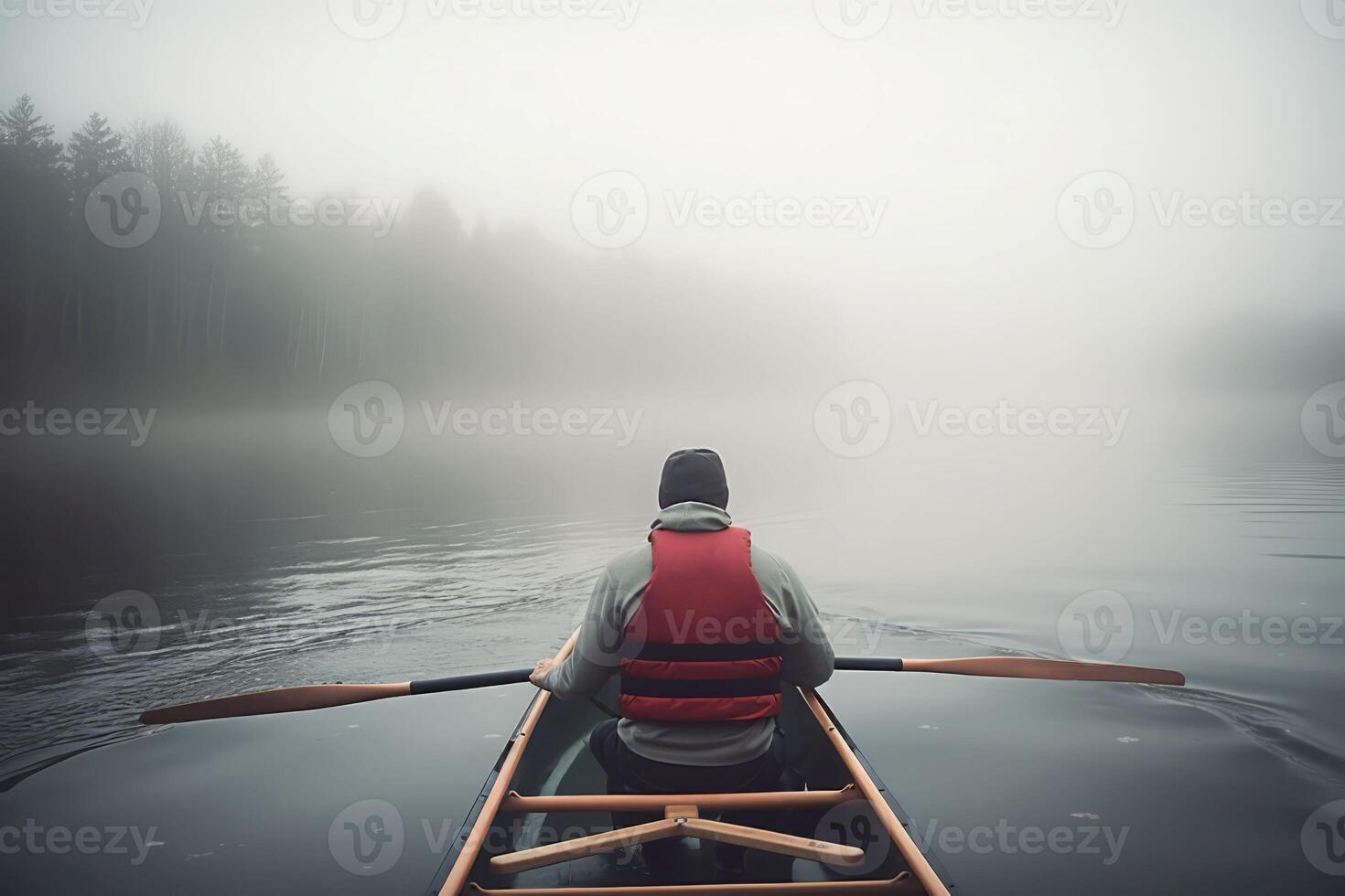Man boat foggy. Generate Ai photo