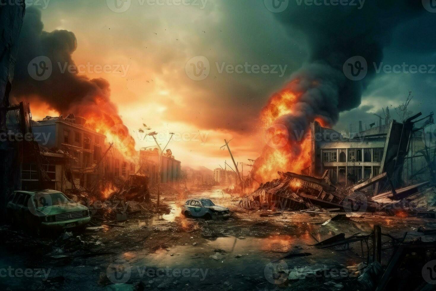 destrucción ciudad fuego desastre. generar ai foto