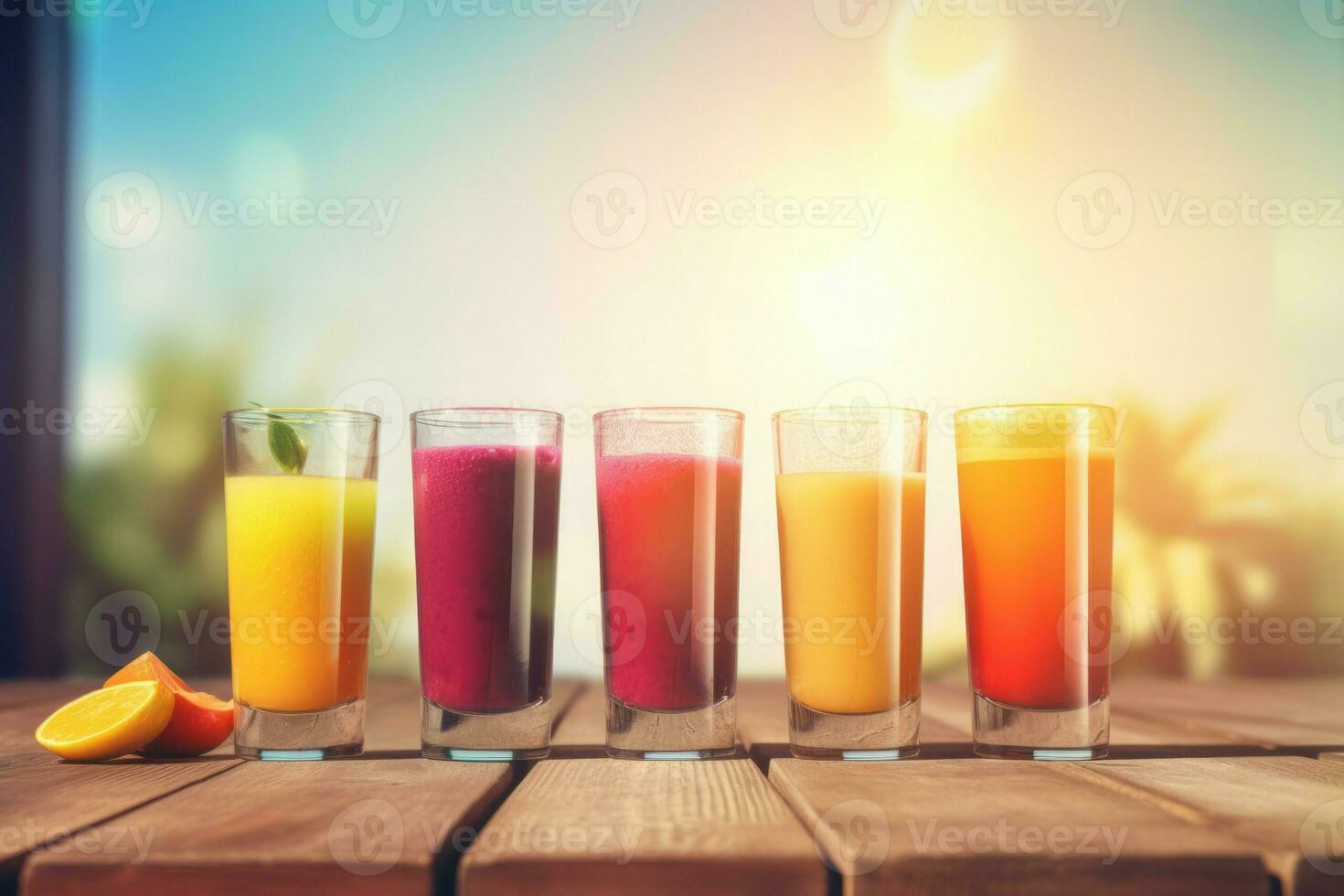 Fresh juices desk sunlight. Generate Ai photo
