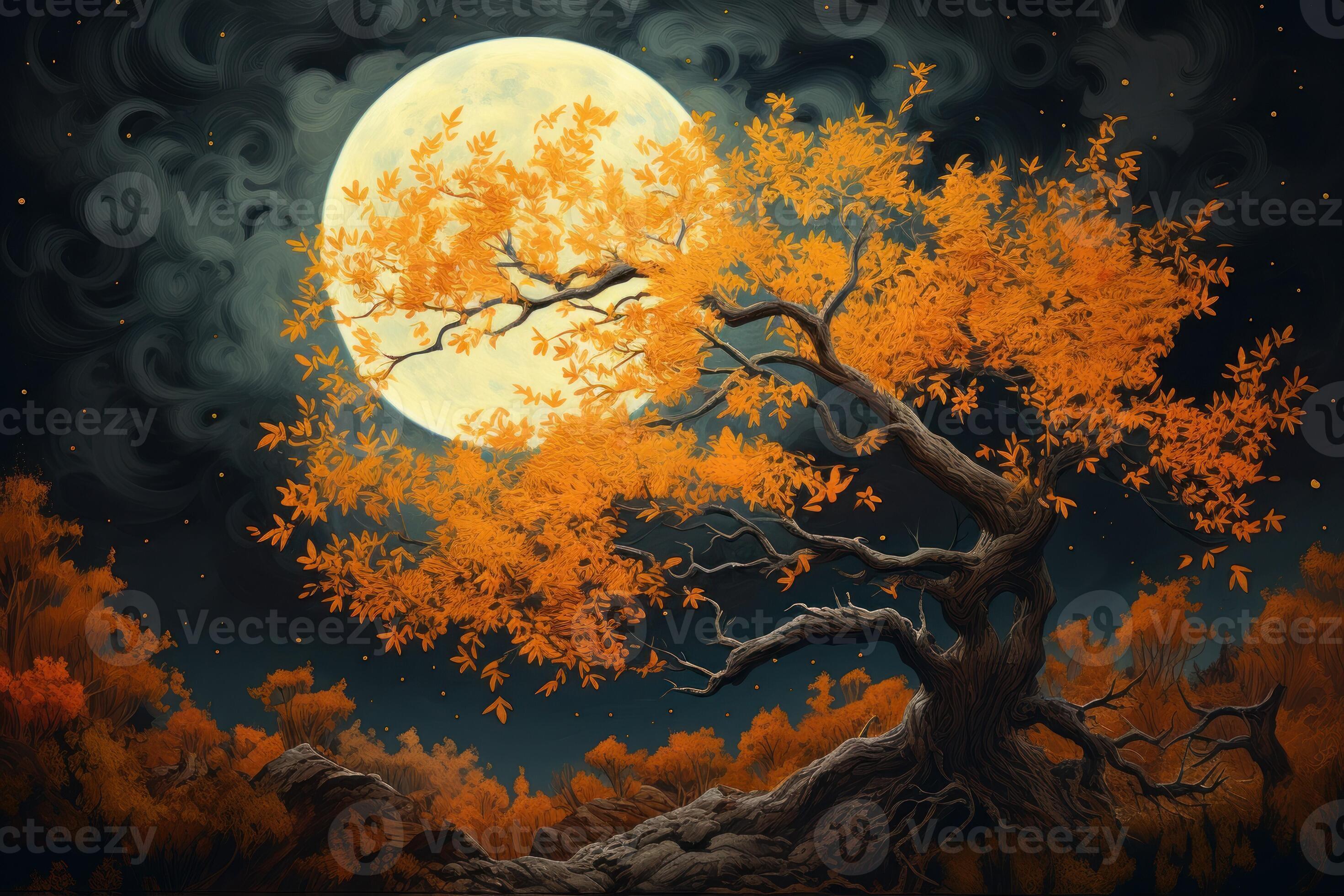 Yellow tree moon behind. Generate AI 27815206 Stock Photo at Vecteezy