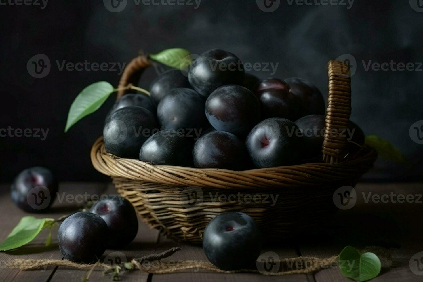 Black plums basket food. Generate Ai photo