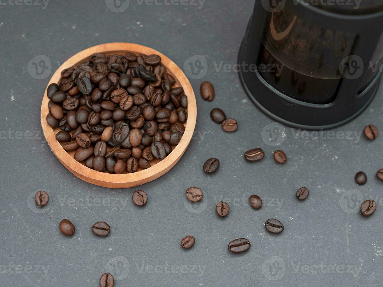 top view of french press coffee maker teapot and coffee beans photo