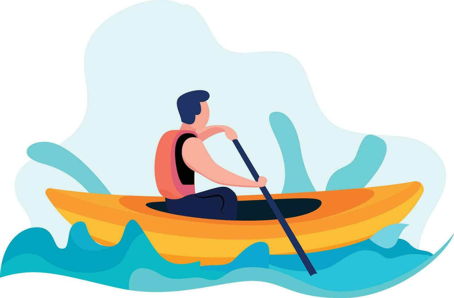 Man on a Kayak flat style vector illustration, Kayaking water sport, Man wearing a life jacket and paddling a boat on rough water flat style stock vector image