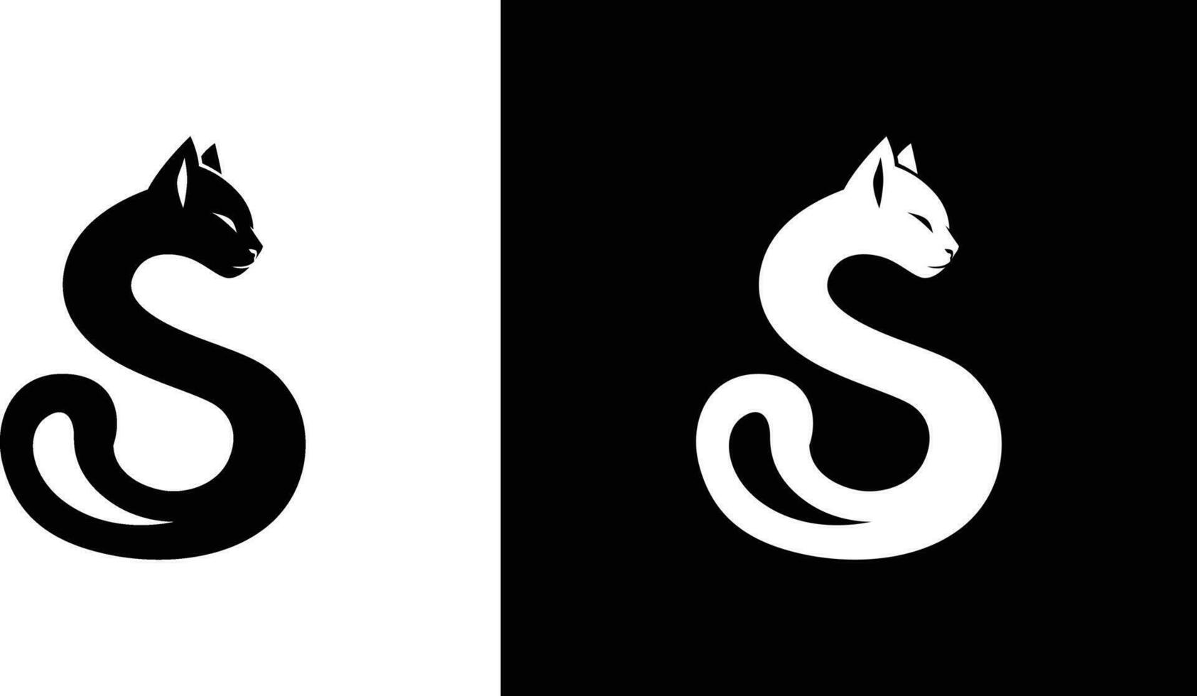 Cat in letter S shape logo template vector symbol, Cat S shape logo black and white logo template icon, clip art stock vector image