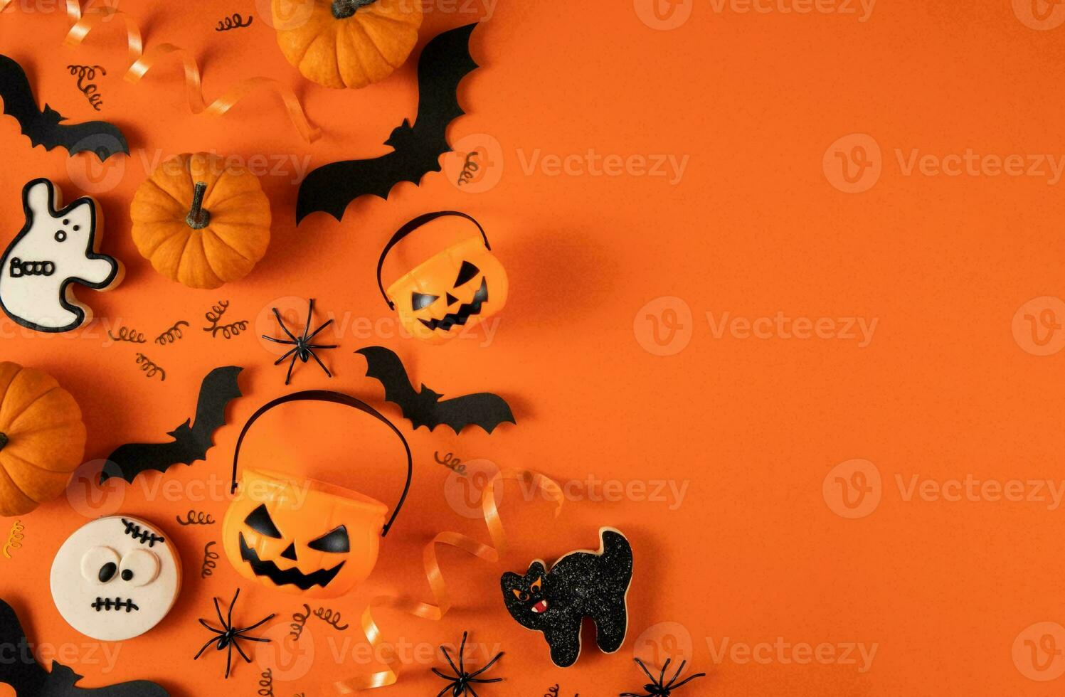 Happy Halloween banner or party invitation background with clouds bats and pumpkins photos