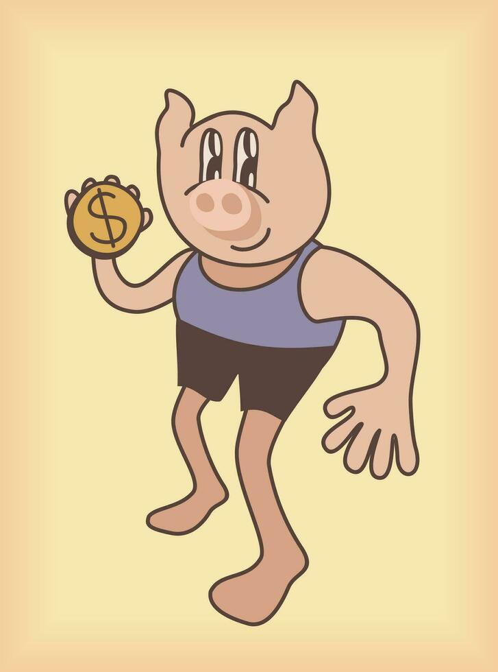 Pig with dollar coin. Retro cartoon vector illustration. Money box concept.