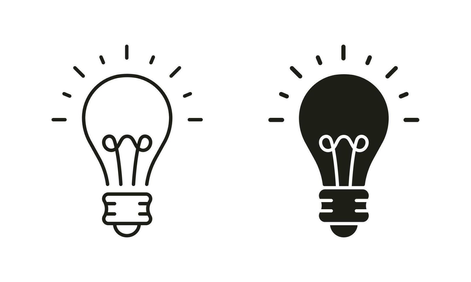 Lightbulb Idea Concept Line and Silhouette Icon Set. Creative Solution, Innovation Sign. Bright Light Bulb Pictogram. Low Energy Lightbulb Symbols on White Background. Isolated Vector Illustration.