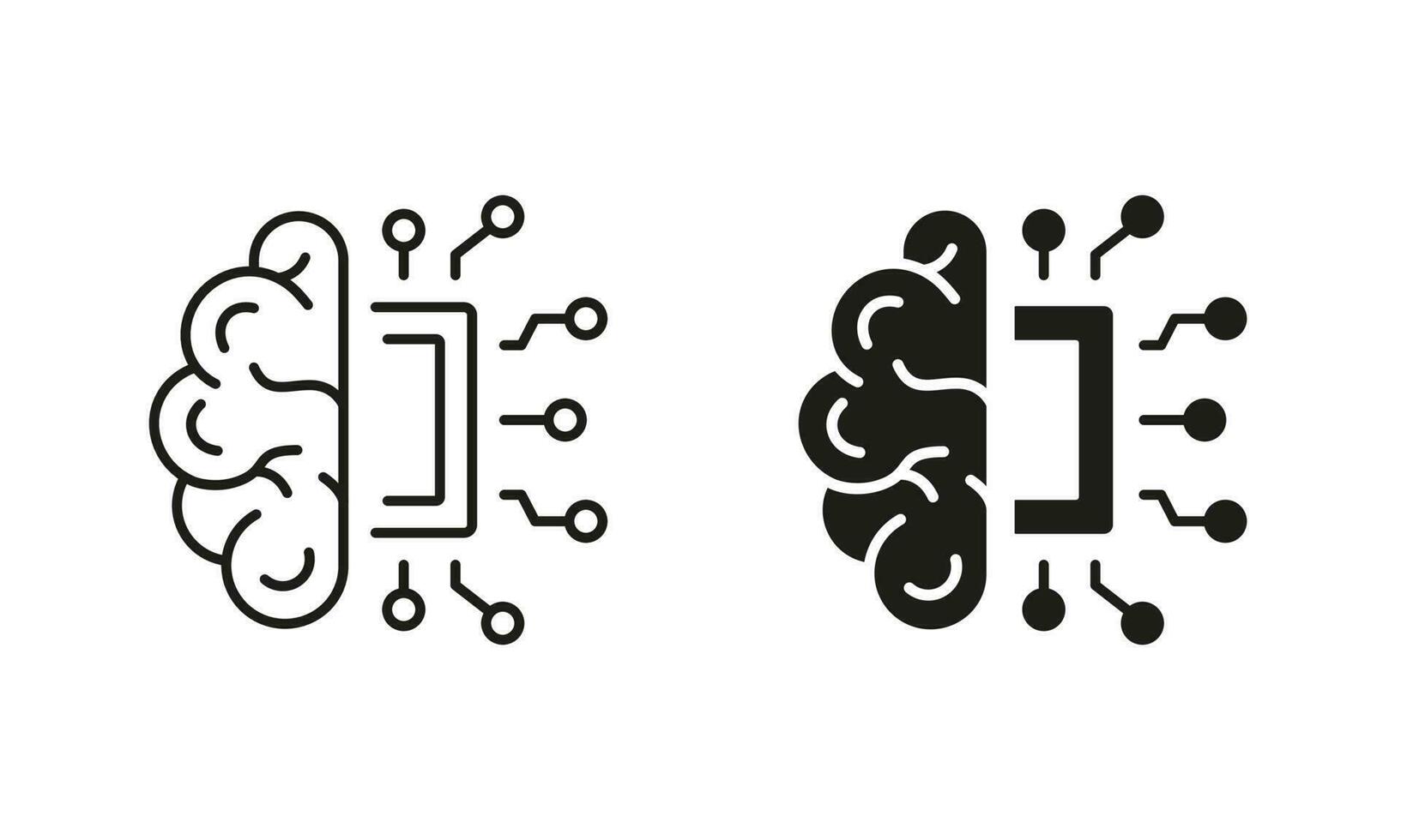 AI Innovation Concept Line and Silhouette Icon Set. Human Brain, Network Chip Technology Pictogram. Artificial Intelligence Symbol Collection on White Background. Isolated Vector Illustration.