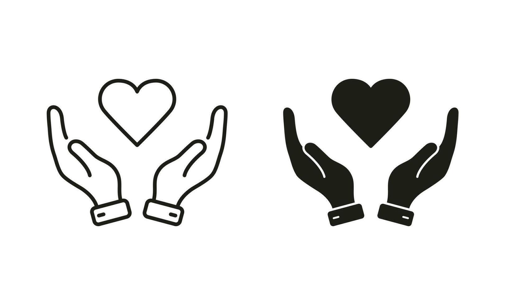 paz amistad, emocional apoyo símbolo recopilación. amar, salud, caridad, cuidado, ayuda línea y silueta icono colocar. humano mano y corazón forma pictograma. aislado vector ilustración.