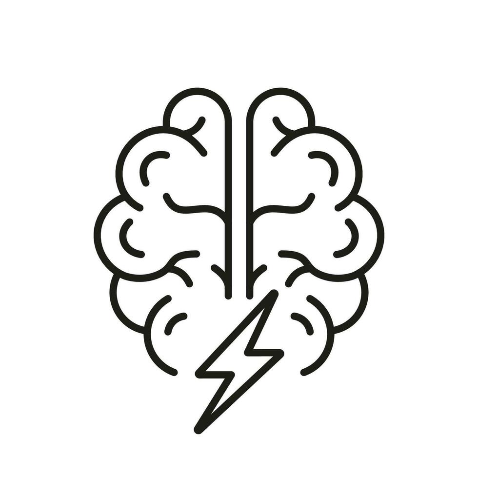 Brainstorming, Intellectual Process Symbol. Brainstorm Line Icon. Human Brain with Lightning Linear Pictogram. Think about Creative Idea Outline Sign. Editable Stroke. Isolated Vector Illustration.