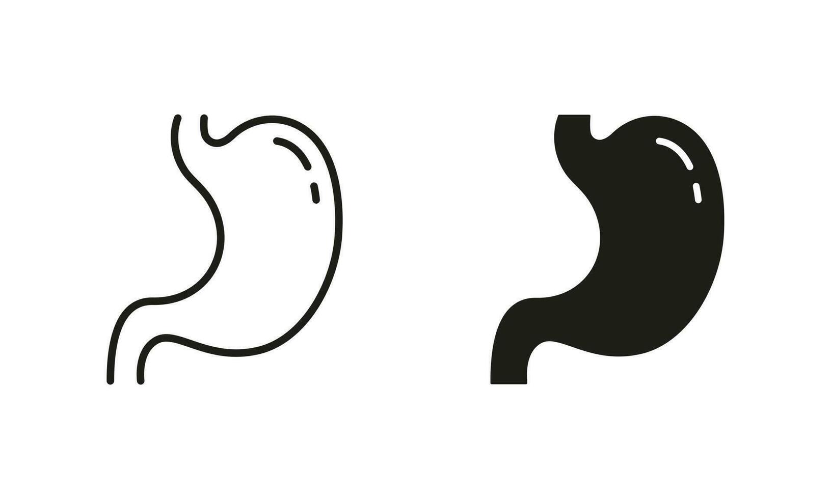 Health Digestive System Line and Silhouette Icon Set. Gastric Internal Organ Symbols on White Background. Digestion Disease, Indigestion, Stomach Pain Pictogram. Isolated Vector Illustration.