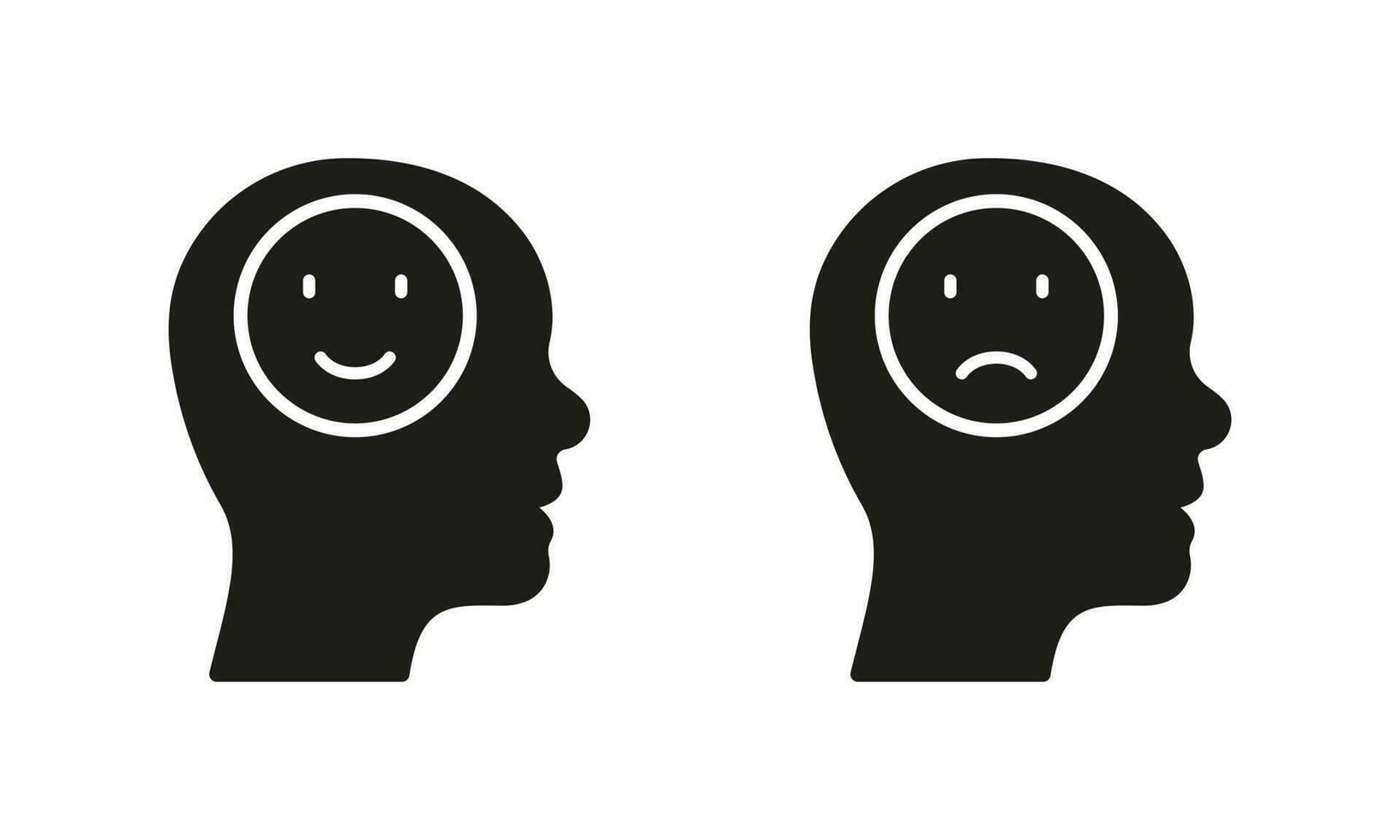 Positive and Negative Thinking Silhouette Icon Set. Mental Health, Mind Problem Solid Sign. Smile in Human Head Glyph Pictogram. Psychology Therapy Symbol. Isolated Vector Illustration.