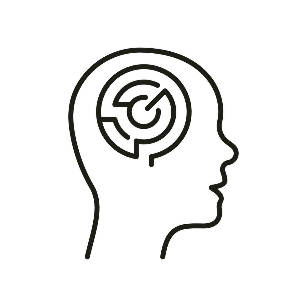 Logic Thinking Line Icon. Maze in Human Head Linear Pictogram. Mental Circle Labyrinth Outline Sign. Intellectual Creative Process Symbol. Editable Stroke. Isolated Vector Illustration.