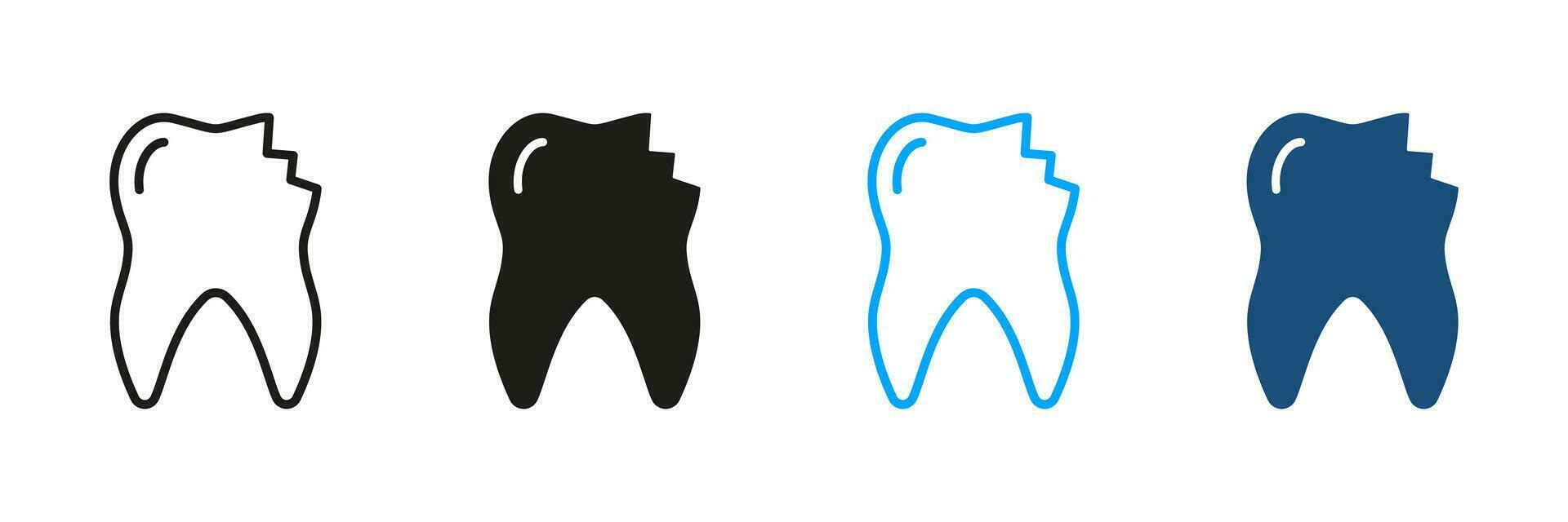 dental médico problema, astillado diente pictograma. dañado esmalte signo. odontología negro y color símbolo recopilación. roto agrietado dientes silueta y línea íconos colocar. aislado vector ilustración.