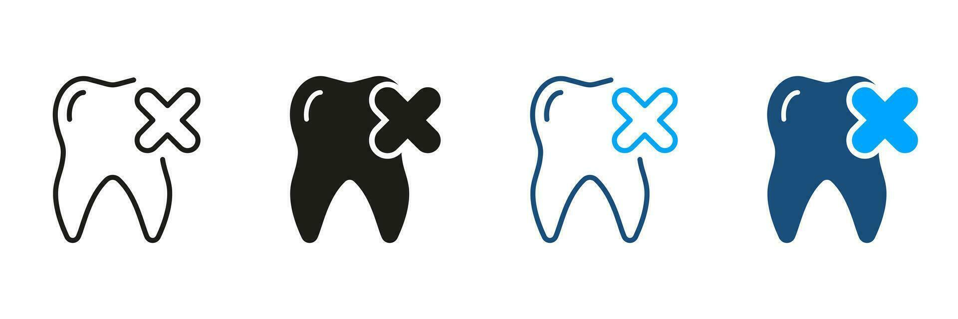 Tooth Removal Silhouette and Line Icon Set. Delete Dental Pain. Cancel Molar Teeth Pictogram. Medical Oral Care Black Symbol Collection. Dental Treatment Sign. Isolated Vector Illustration.