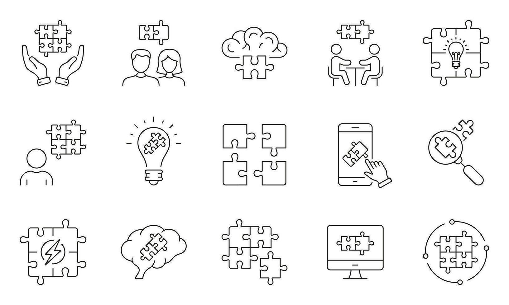 Teamwork, Team Building Collaboration Line Icon Set. Jigsaw Puzzle Matching. Business Community Connect. Partnership Success, Unity Linear Pictogram. Editable Stroke. Isolated Vector Illustration.