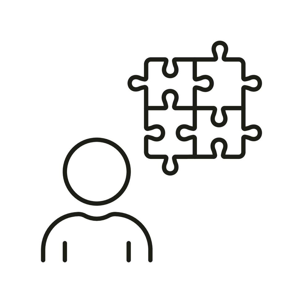 Person with Puzzle Matching Line Icon. Business Cooperation, Brainstorming Linear Pictogram. Communication, Team Building, Problem Solving Outline Sign. Editable Stroke. Isolated Vector Illustration.