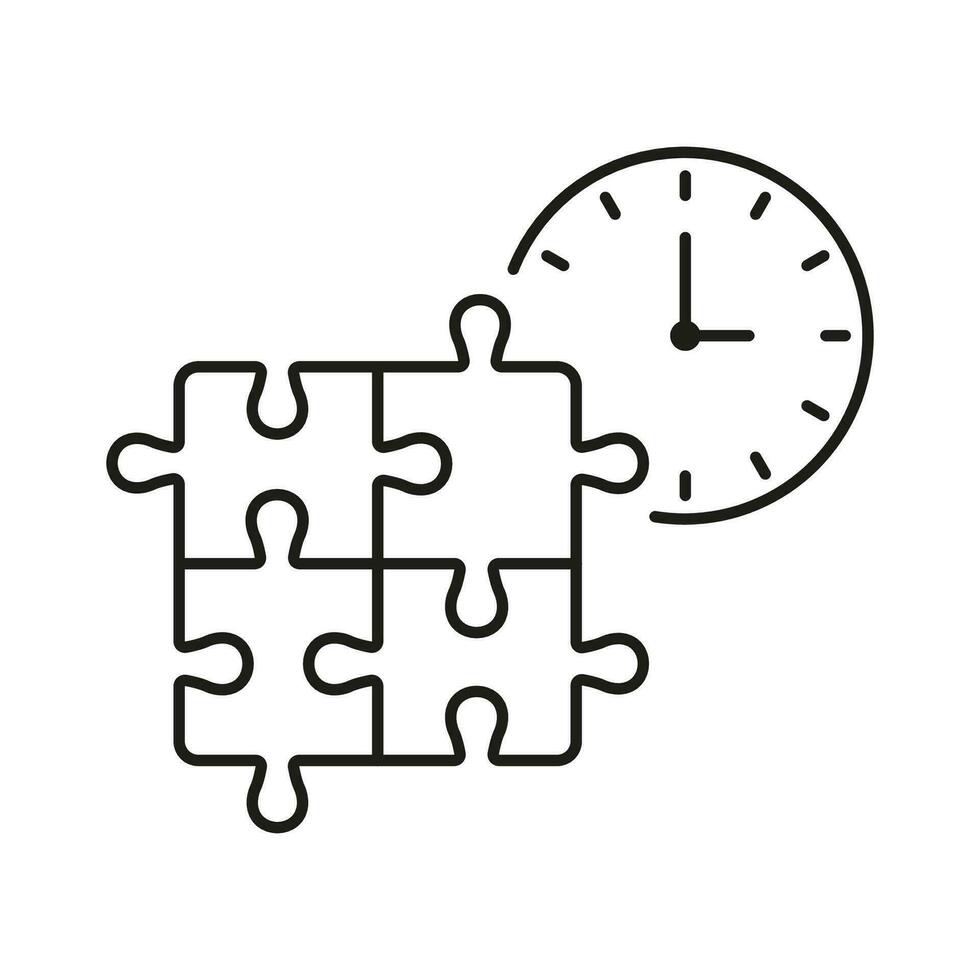 Puzzle with Time, Urgency Solution Line Icon. Jigsaw Pieces and Watch, Countdown for Idea Linear Pictogram. Deadline for Teamwork Strategy Outline Sign. Editable Stroke. Isolated Vector Illustration.