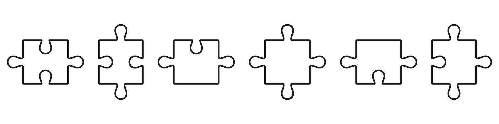 Business Strategy, Teamwork, Brainstorming Outline Sign. Complete Logic Solution Linear Pictogram. Jigsaw Game Matching. Puzzle Pieces Fit Line Icon Set. Editable Stroke. Isolated Vector Illustration.