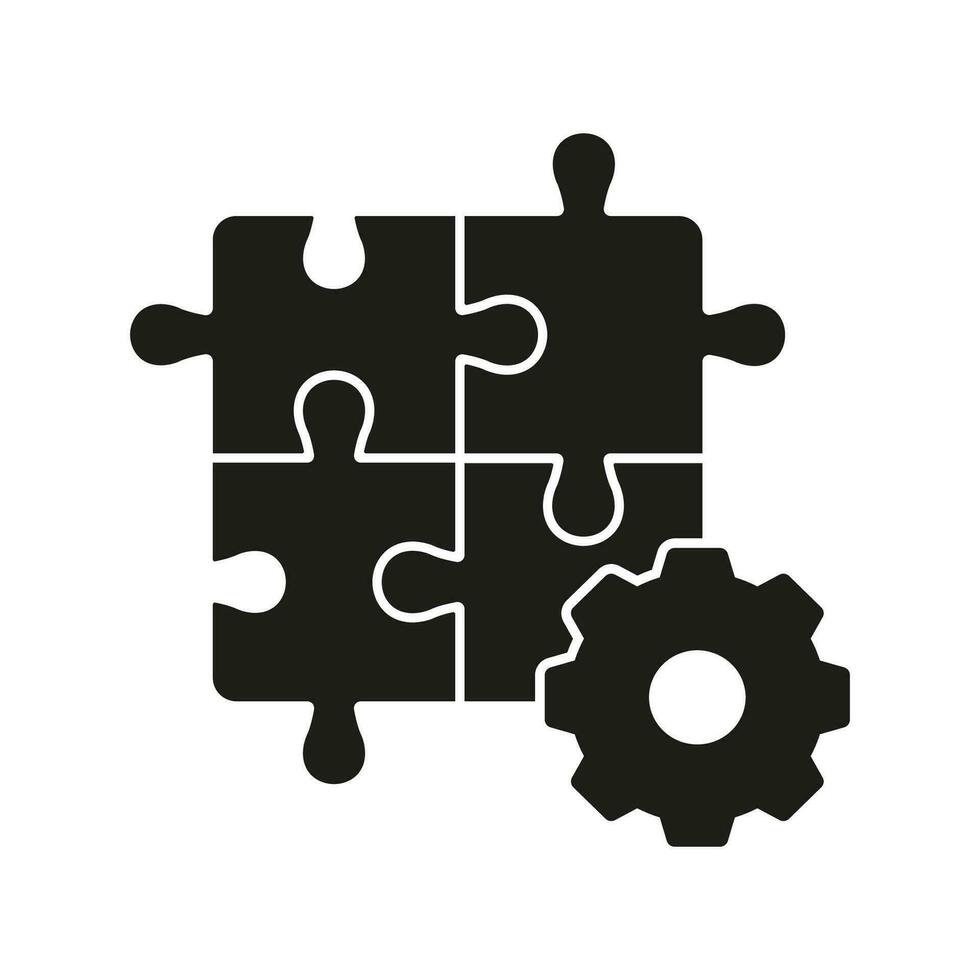 Puzzle with Gear Silhouette Icon, Business Development Concept. Jigsaw Parts and Cogwheel Glyph Pictogram. Creative Solution and Strategy Solid Symbol. Isolated Vector Illustration.