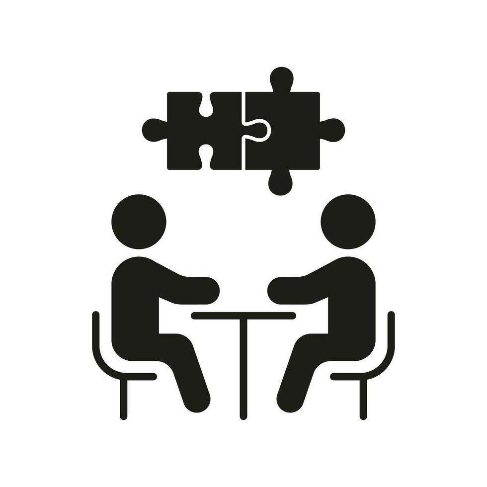 rompecabezas y personas equipo en reunión glifo pictograma. negocio administración silueta icono. trabajo en equipo cooperación y conexión sólido signo. aislado vector ilustración.