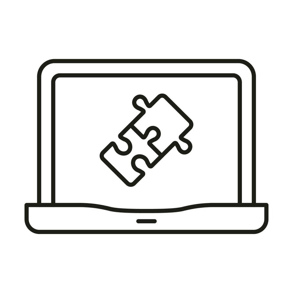 Online Jigsaw Game in Laptop Linear Pictogram. Puzzle App in Computer Line Icon. Web Digital Puzzle Outline Sign. Strategy, Brainstorming, Teamwork. Editable Stroke. Isolated Vector Illustration.