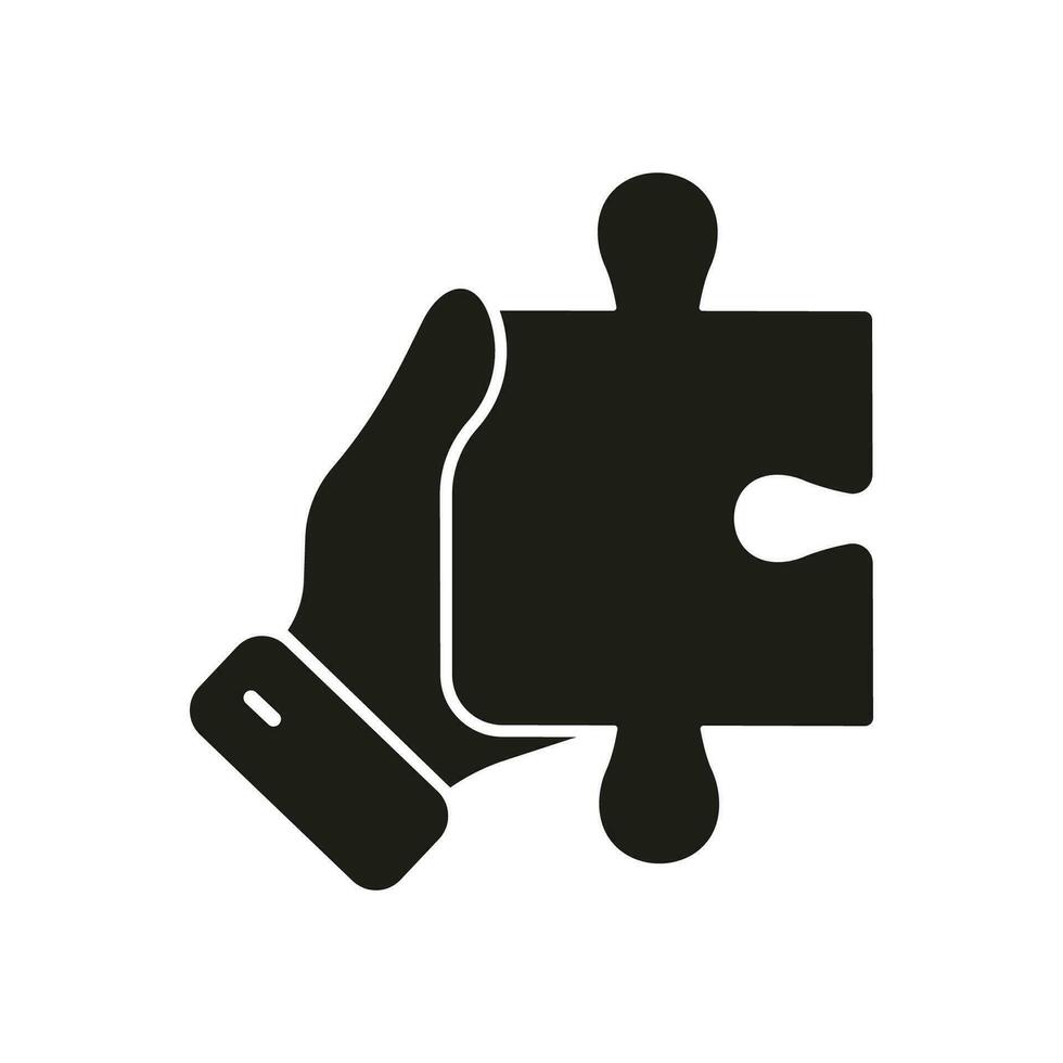 Human Hand Holds Puzzle Piece Silhouette Icon. Problem Solving, Solution, Strategy and Oneness Concept Glyph Pictogram. Jigsaw Part in Hand, Success Merge Solid Sign. Isolated Vector Illustration.