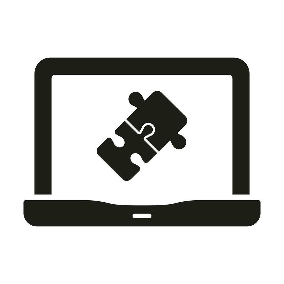 Jigsaw Game in Laptop Silhouette Icon. Puzzle Online App in Computer Glyph Pictogram. Strategy, Brainstorming, Teamwork, Partnership. Web Digital Puzzle Solid Sign. Isolated Vector Illustration.