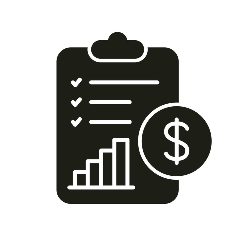 Tax Accounting Silhouette Icon. Financial Budget, Money Report on Clipboard Symbol. Finance Payment Document Glyph Pictogram. Paper with Dollar Solid Sign. Isolated Vector Illustration.