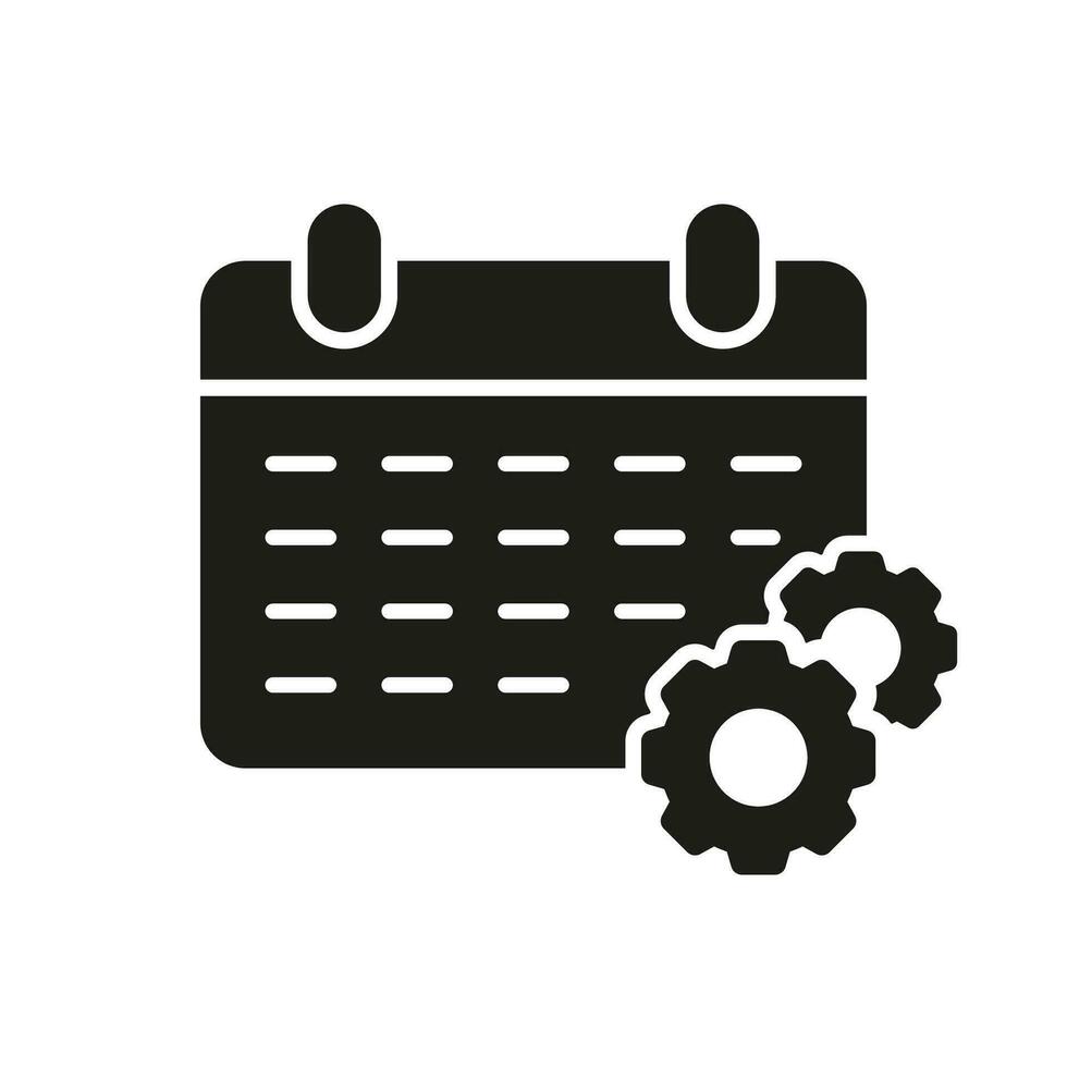 calendario con engranaje silueta icono, trabajo proyecto fecha límite concepto. hora administración símbolo. calendario glifo pictograma. trabajo cita sólido signo. aislado vector ilustración.