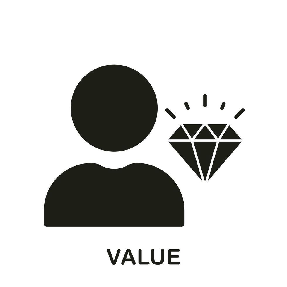 Employee Value Silhouette Icon. Man with Diamond Glyph Pictogram. Business Principles, Person is Core Values at Work Solid Sign. Corporate Ideology Symbol. Isolated Vector Illustration.