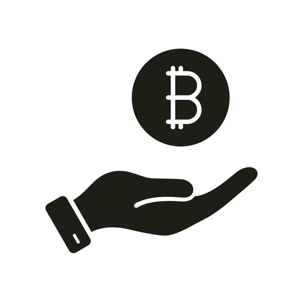 Buy and Sell Crypto Currency Coin Silhouette Icon. Bitcoin in Human Hand Glyph Pictogram. Cryptocurrency Financial Payment Solid Sign. Digital Finance Symbol. Isolated Vector Illustration.
