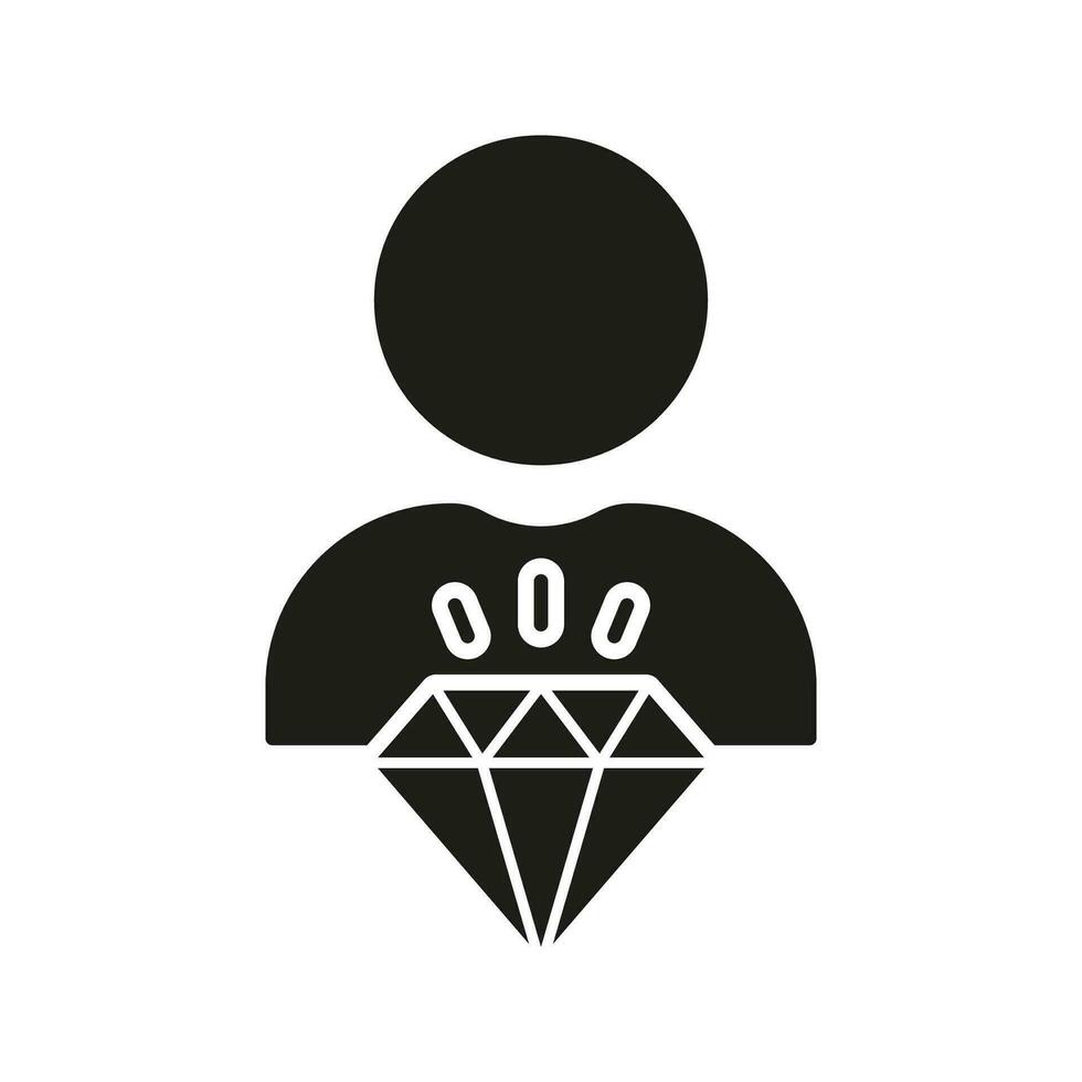 Corporate Ideology Silhouette Icon. Employee Value, Man with Diamond Glyph Pictogram. Person is Core Values in Business Solid Sign. Principles at Work Symbol. Isolated Vector Illustration.