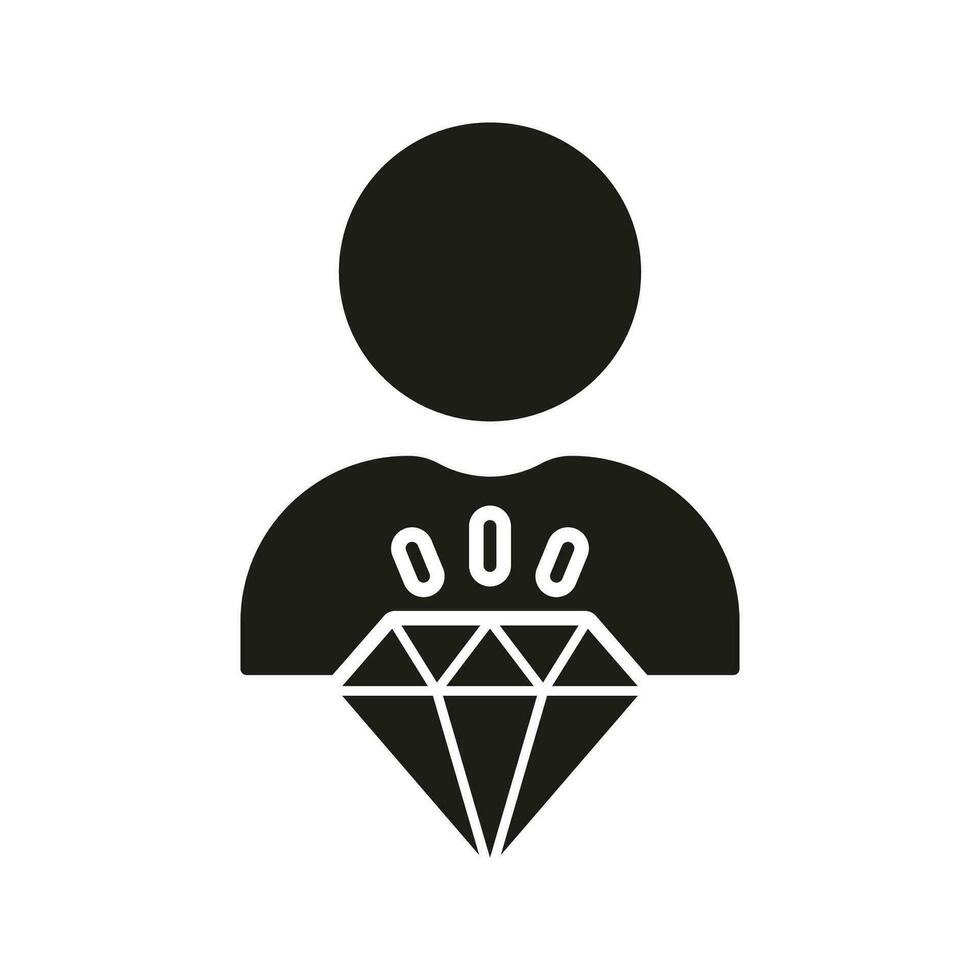 corporativo ideología silueta icono. empleado valor, hombre con diamante glifo pictograma. persona es núcleo valores en negocio sólido signo. principios a trabajo símbolo. aislado vector ilustración.