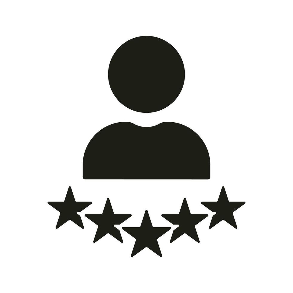 cliente satisfacción silueta icono. mejor realimentación para negocio servicio. persona con estrellas glifo pictograma. usuario clasificación sólido signo. éxito revisión símbolo. aislado vector ilustración.