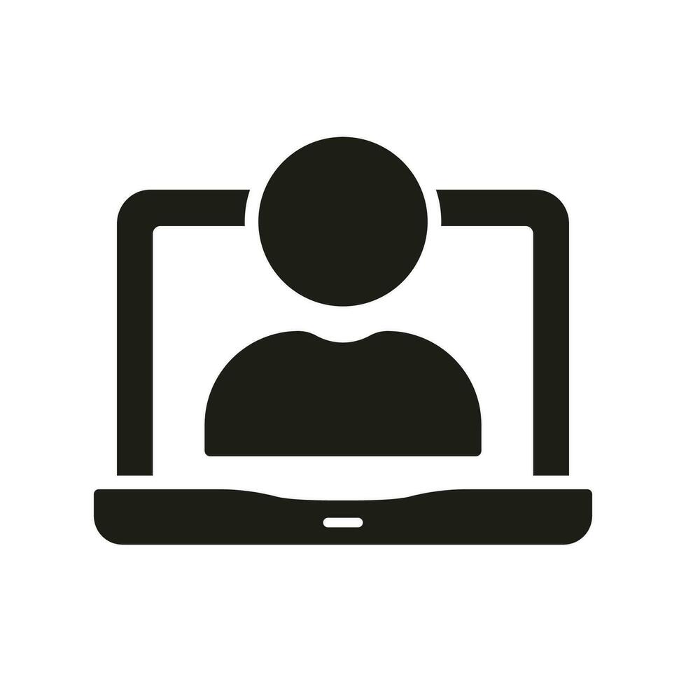 Online Video Conference, Work Meeting Silhouette Icon. Person in Laptop, Remote Employee Glyph Pictogram. Virtual Business Network Solid Sign. Computer User Symbol. Isolated Vector Illustration.