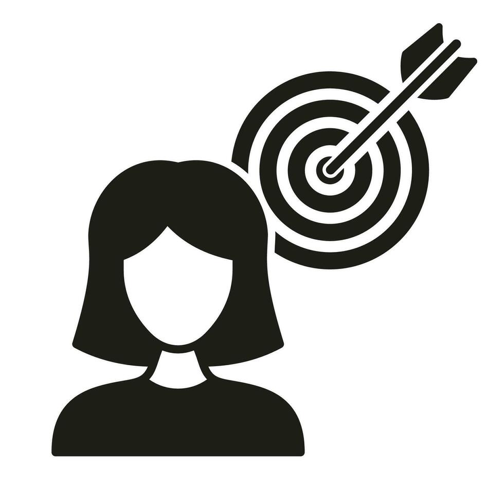 Object Oriented and Focused Woman Silhouette Icon. Female with Goal Glyph Pictogram. Human Strategy, Dartboard and Arrow Solid Sign. Accuracy Target, Aim Symbol. Isolated Vector Illustration.