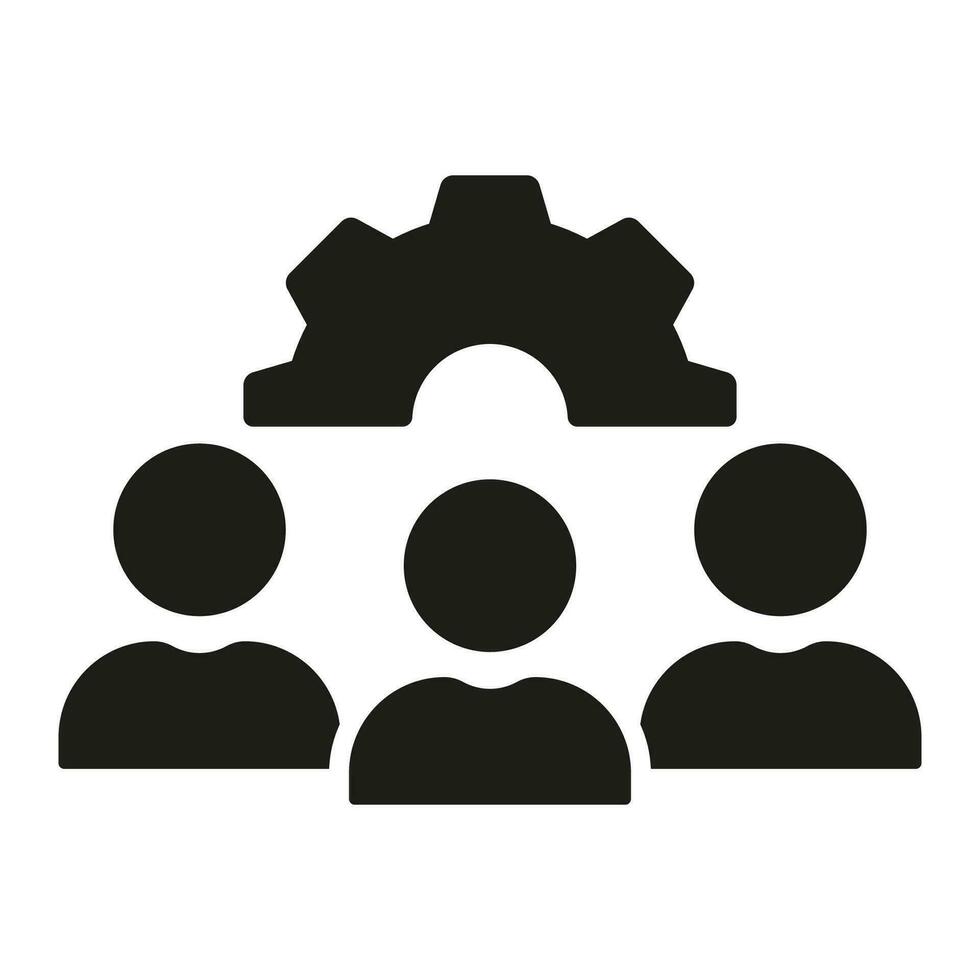 Teamwork and Cooperation Silhouette Icon. Project Management Glyph Pictogram. Employee Team with Gear Solid Sign. Group Of People with Cog Wheel, Workforce Symbol. Isolated Vector Illustration