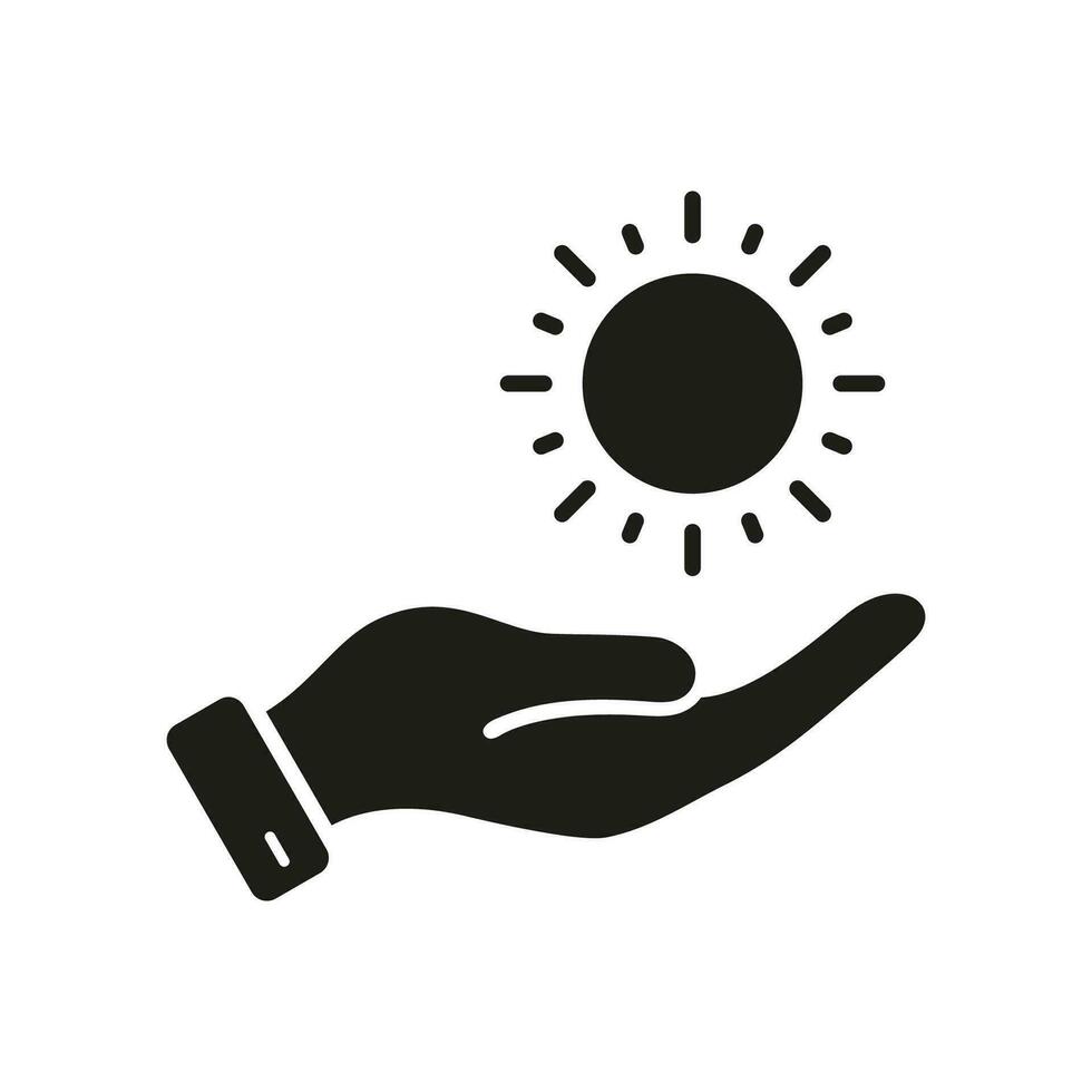 Morning Sunlight in Human Hand Silhouette Icon. Solar Ecological Energy Glyph Pictogram. Hand Holds Sun, Ecology and Nature Symbol. Environment Care Solid Sign. Isolated Vector Illustration.